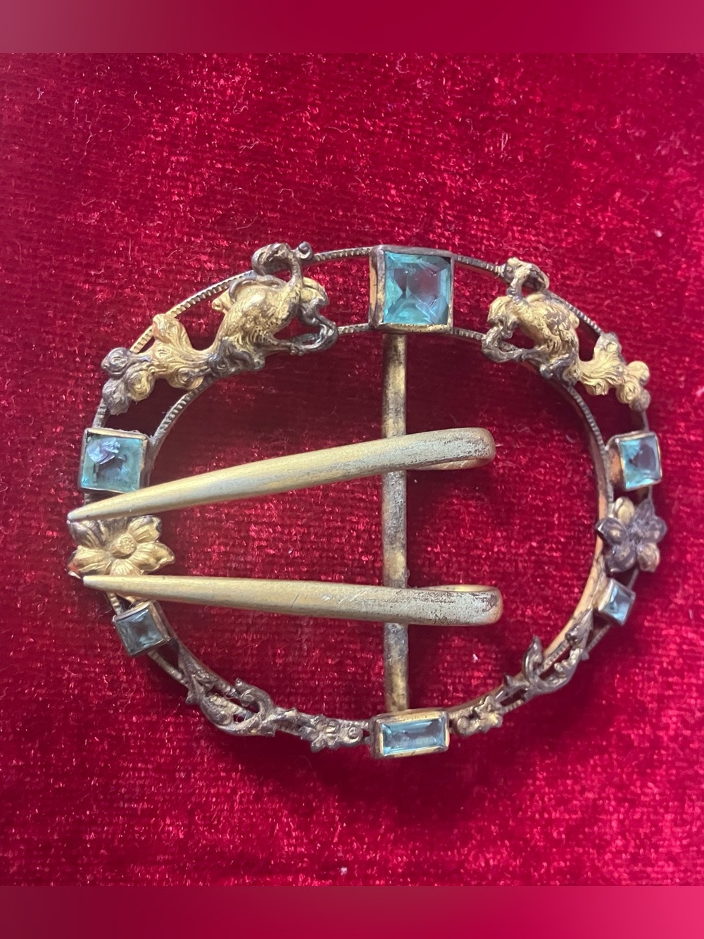 Edwardian Victorian Antique Oval Buckle Light Blue Stones.